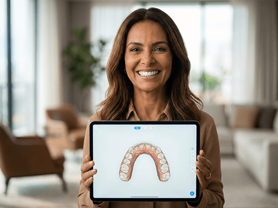 Dentista especialista avaliando prótese protocolo fixa sobre implantes em Goiânia